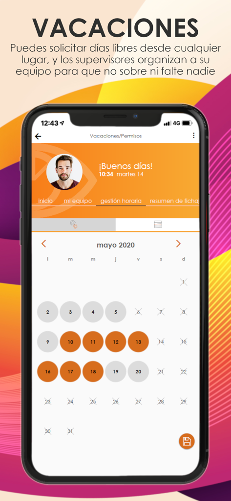 VisualTime® Portal - Schermata di gestione ferie dell'app mobile VisualTime Portal che mostra un calendario con i giorni selezionati.