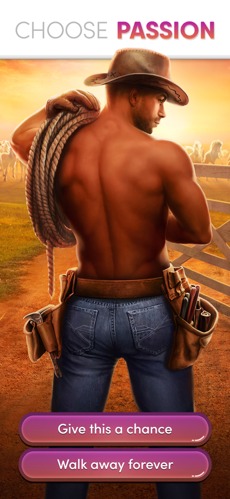 A shirtless cowboy looking back with two interactive story options to stay or leave.