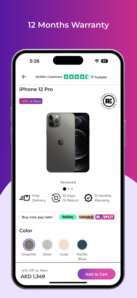 Renewed iPhone 12 Pro product page on Revibe app featuring a 12 month warranty and certified seal