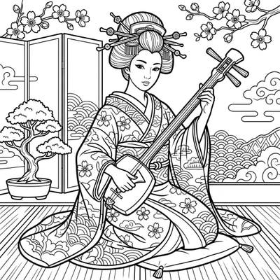 Discover the serene beauty of Japanese culture with this elegant geisha coloring page. She is gracefully seated, playing the traditional shamisen amidst intricate patterns and cherry blossoms, offering a unique artistic escape.