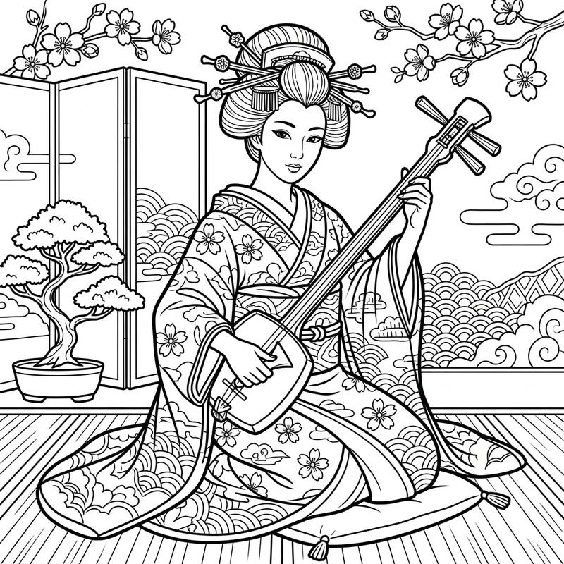Discover the serene beauty of Japanese culture with this elegant geisha coloring page. She is gracefully seated, playing the traditional shamisen amidst intricate patterns and cherry blossoms, offering a unique artistic escape.
