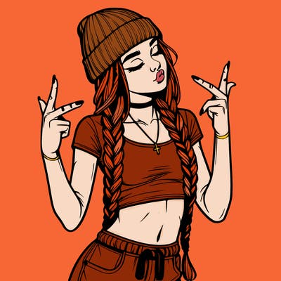 realistic teenage girl with braids and a beanie and crop top doing 🫶🏼