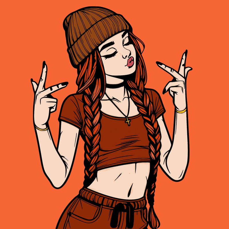 realistic teenage girl with braids and a beanie and crop top doing 🫶🏼