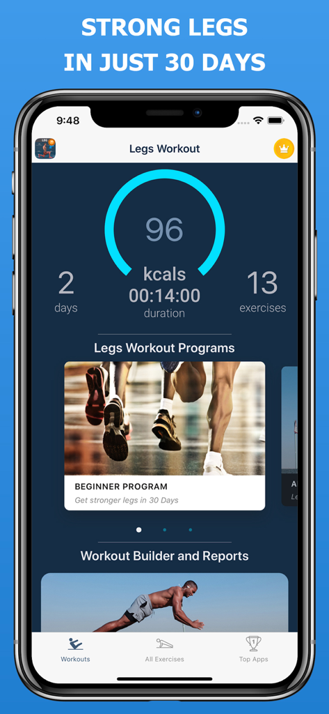 Legs workout app dashboard showing calorie tracking and beginner training program