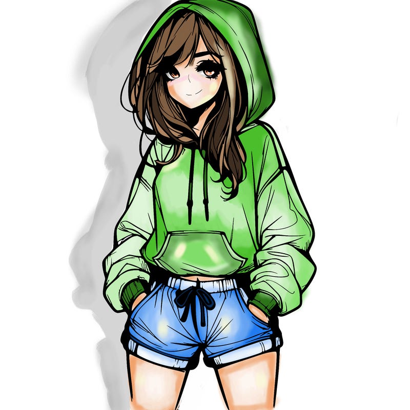 realistic girl in shorts and hoodie