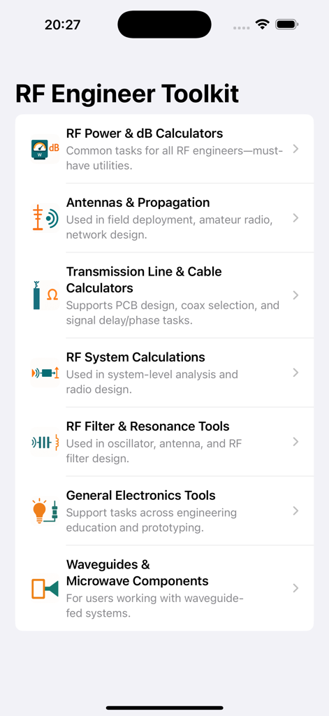 RF & Ham Radio Toolkit - RF Engineer Toolkit main menu showing categories for RF power, antennas, transmission lines, and system calculations