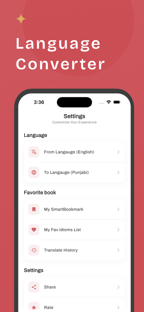 English Punjabi Translator + - Settings screen of the English Punjabi Translator app showing options for language selection favorite idioms and translation history