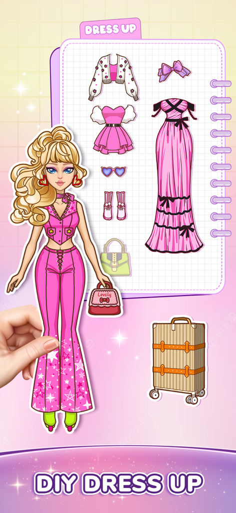 DIY Paper Doll Dress Up - A digital paper doll being dressed up with various pink fashion outfits and accessories in a notebook-style interface.