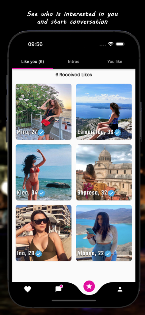 Schermata dell'app di incontri Single.al che mostra una griglia di profili utente verificati che hanno inviato "mi piace"