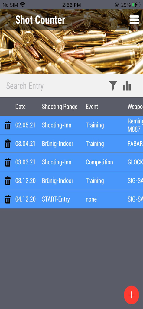 Pantalla principal de la aplicación Shot Counter que muestra una lista de entradas de tiro con fecha, campo de tiro, evento y detalles del arma