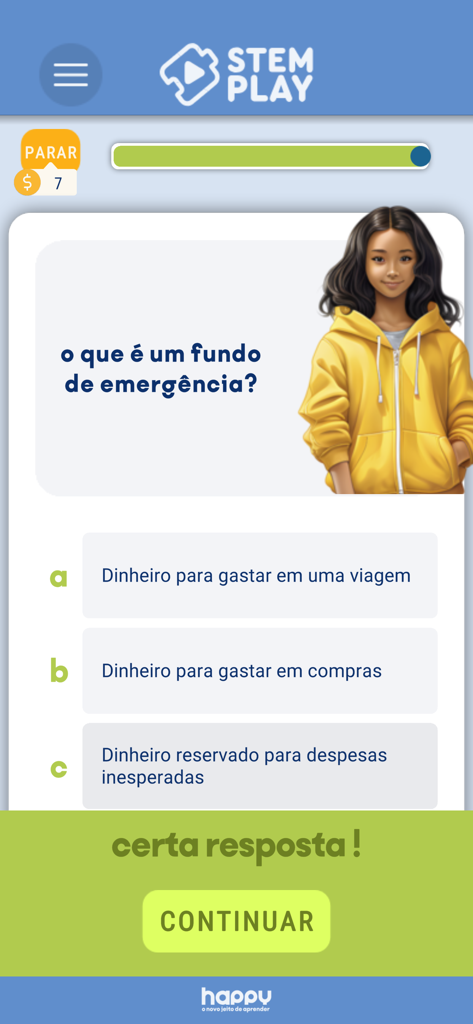 STEM Play - Letramento Digital - Tela de quiz de letramento financeiro no aplicativo STEM Play mostrando uma pergunta sobre fundos de emergência com uma personagem feminina