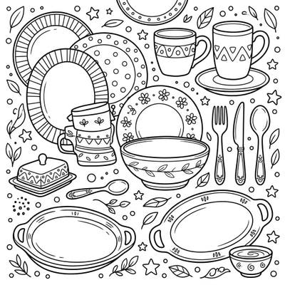 Get ready for a delightful mealtime adventure with this charming tableware and serveware coloring page! Perfect for kids aged 4-8, it features all their favorite dining essentials waiting for a splash of color.