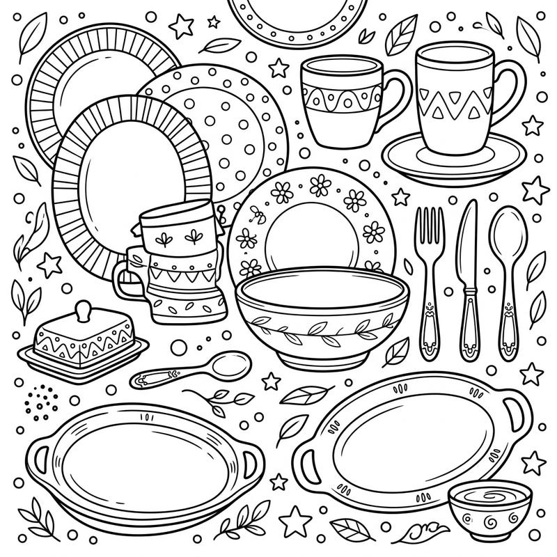 Get ready for a delightful mealtime adventure with this charming tableware and serveware coloring page! Perfect for kids aged 4-8, it features all their favorite dining essentials waiting for a splash of color.