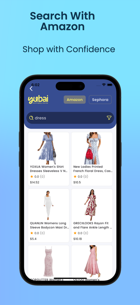 Yubai - Yubai app screen showing Amazon fashion search results for dresses