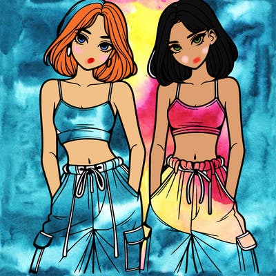 two girls with crop top with baggy pants
