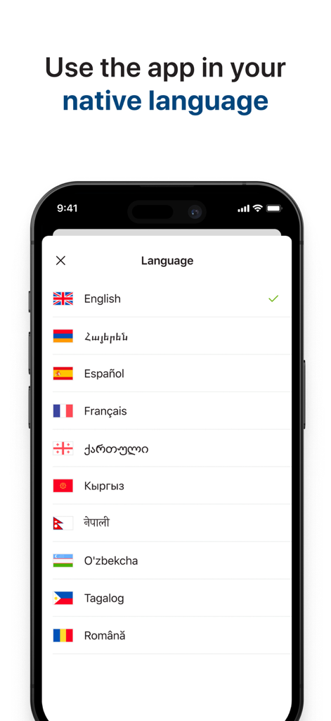 MoneyTO Money Transfer - Smartphone screen showing the MoneyTO app language selection menu with flags and various native language options