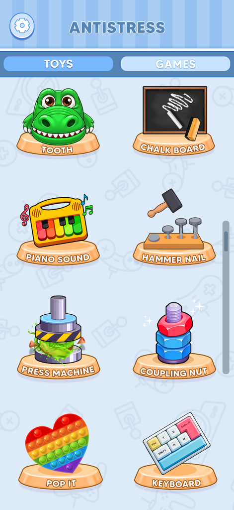 Mini Relaxing Game 2 - Un menú de selección de minijuegos antiestrés que incluyen Pop It y Pizarra