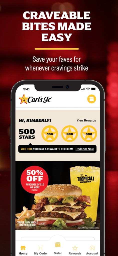 Carl's Jr. mobile app home screen showing MyRewards stars and a Triple Guacamole Bacon Burger offer.