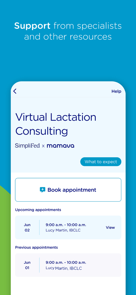 Mamava app interface showing virtual lactation consulting appointment booking and history