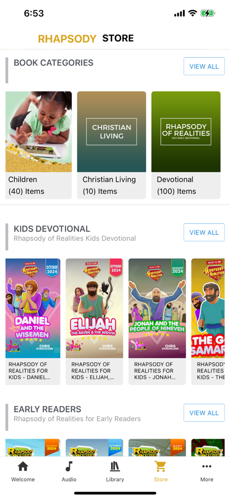 La interfaz de la Tienda Rhapsody que presenta categorías de libros cristianos y devocionales para niños.