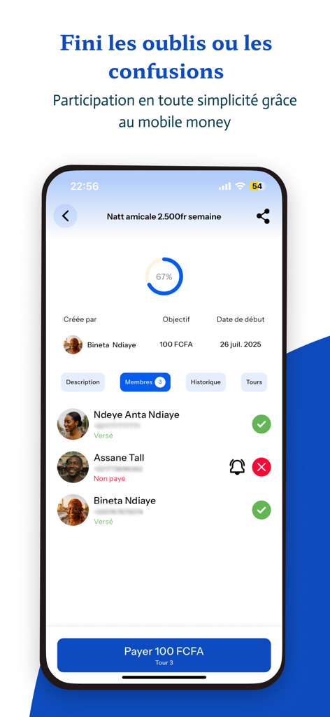 Maman Tontine - Interface of the Maman Tontine app showing group members payment status and a progress tracker for a community savings circle.
