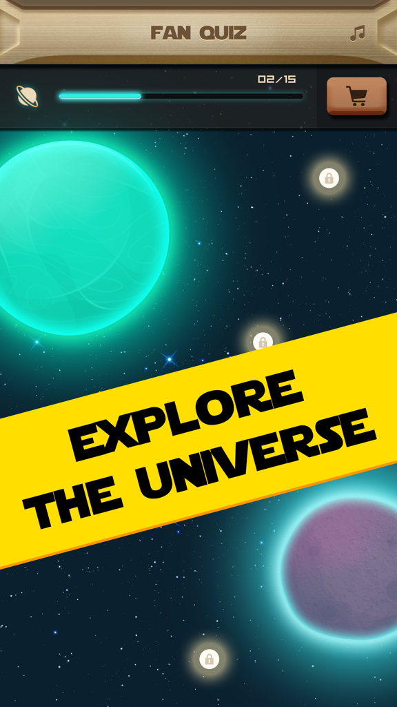 Trivia - Star Wars Edition: Galaxy Quiz Adventure - Star Wars trivia app galaxy map screen with Explore the Universe text