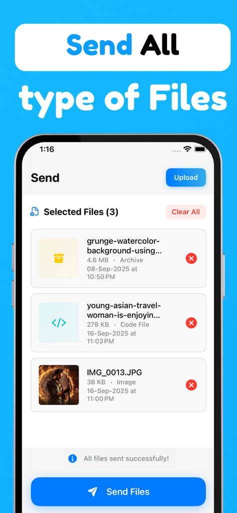 Offline Files Share - FlowSend - Aplicación FlowSend mostrando una lista de diferentes tipos de archivos listos para ser enviados sin conexión