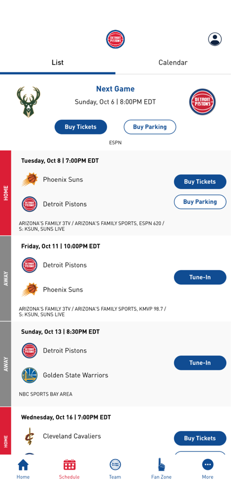 Official Detroit Pistons app game schedule screen showing upcoming games with options to buy tickets and parking