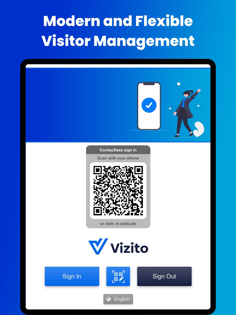 Interfaz de la aplicación Vizito que muestra un código QR para el registro de visitantes sin contacto en una tablet