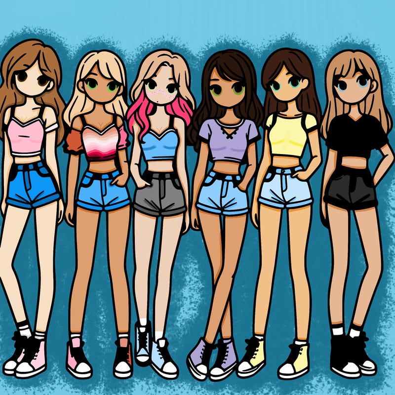 a group of girls wearing crop tops and shorts