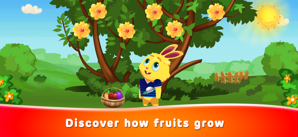 A yellow bunny character in a garden learning about fruit growth next to a flowering tree