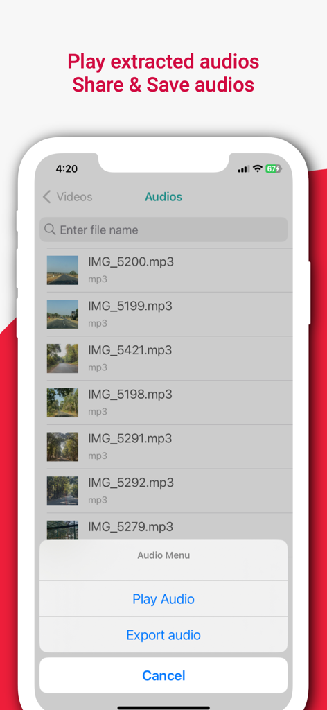 video to audio, audio cutter - 재생하거나 오디오를 내보내는 옵션을 보여주는 동영상 오디오 변환기 앱의 변환된 MP3 파일 목록