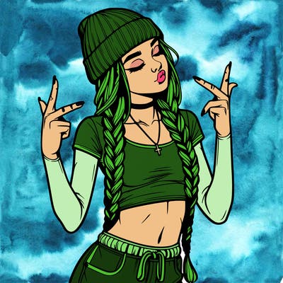 realistic teenage girl with braids and a beanie and crop top doing 🫶🏼