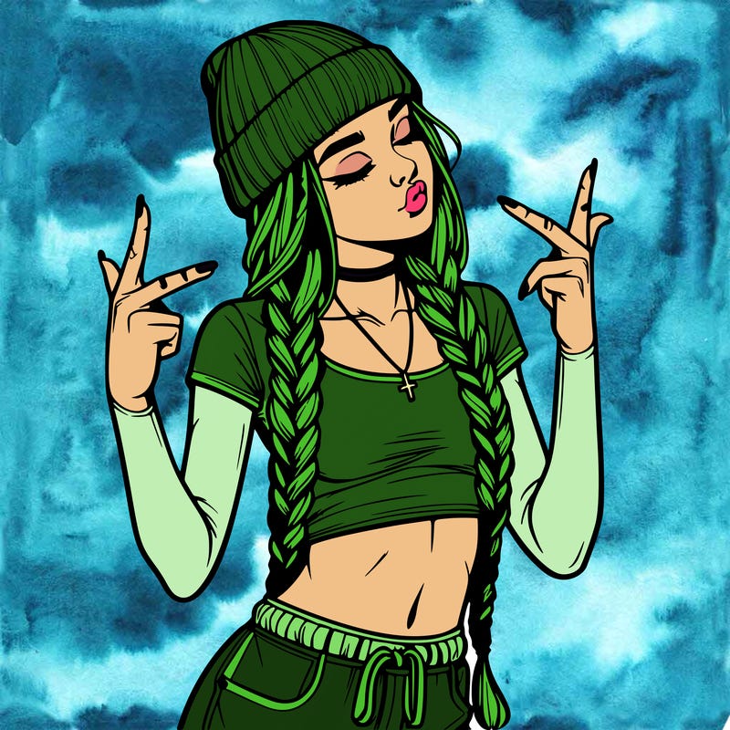 realistic teenage girl with braids and a beanie and crop top doing 🫶🏼