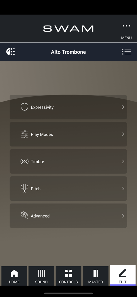 The edit menu of the SWAM Alto Trombone app showing options for expressivity, play modes, timbre, pitch, and advanced settings.