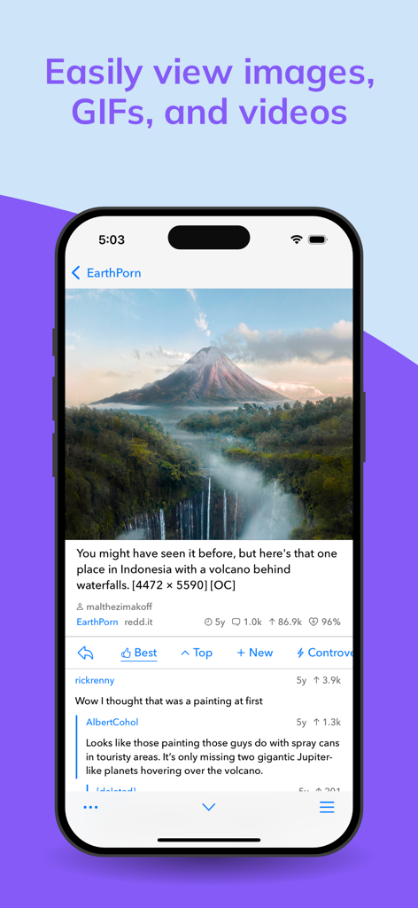 Narwhal for Reddit app interface displaying a high resolution image of a volcano and waterfalls with user comments below