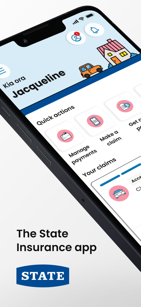 State - State insurance mobile app dashboard showing quick actions for managing payments and making claims