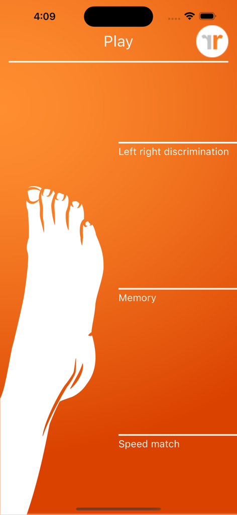 Play menu of the Recognise Foot app featuring training modes like left right discrimination and memory against an orange background with a foot silhouette