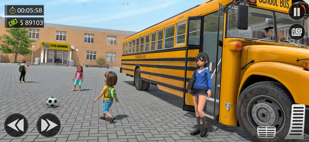 High School Bus Simulator Game - A yellow school bus parked in front of a school building with animated students in the courtyard