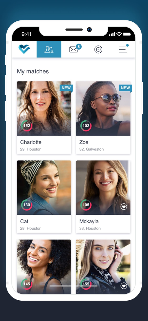 Academic Singles - Academic Singles app interface showing high quality matches with compatibility scores