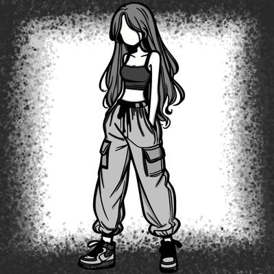 girl in baggy pants crop top and long hair