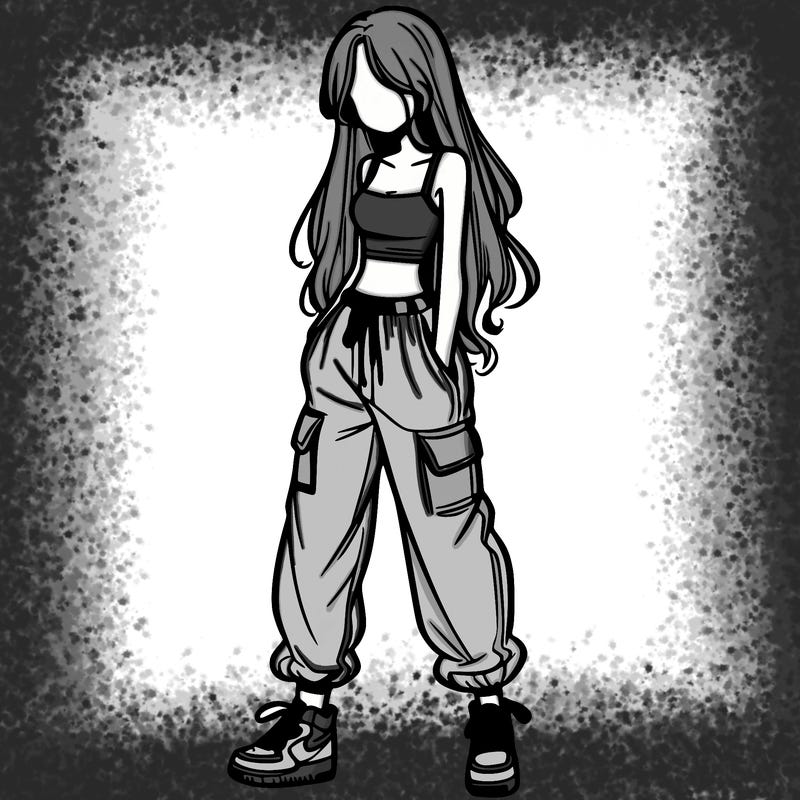 girl in baggy pants crop top and long hair