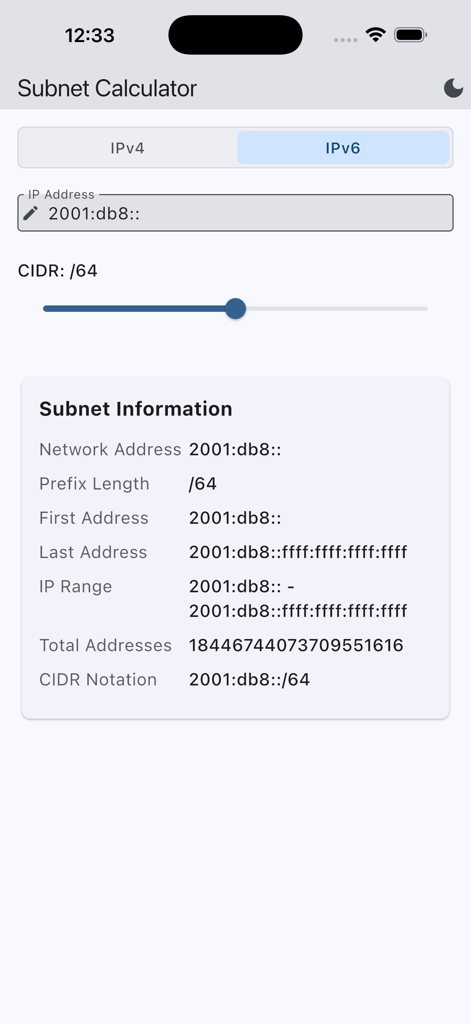 Aplicativo Calculadora de Sub-rede exibindo informações de rede IPv6