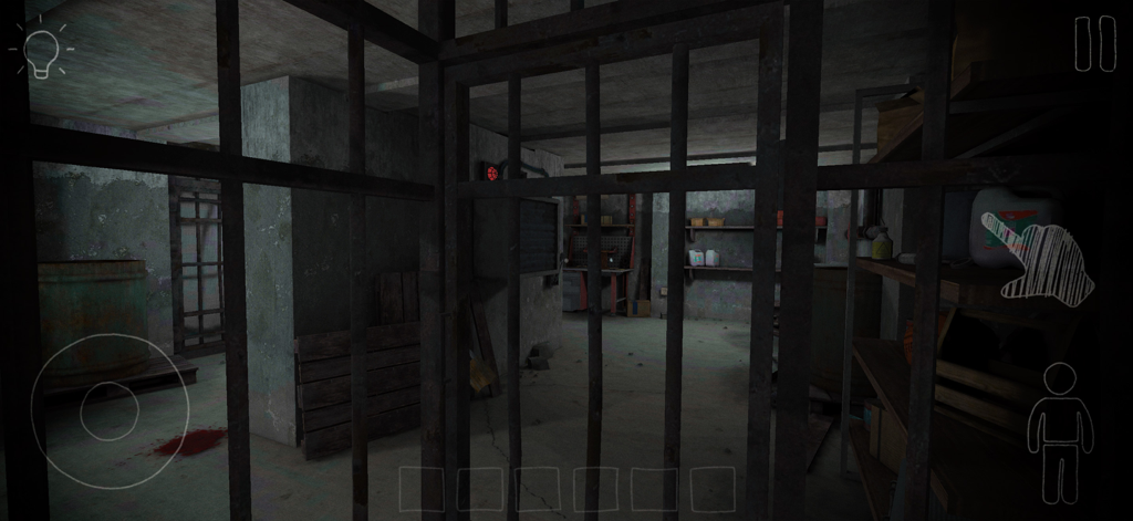 911: Cannibal (Horror Escape) - Vista en primera persona a través de barrotes de metal en un sótano oscuro con una mancha de sangre en el suelo.