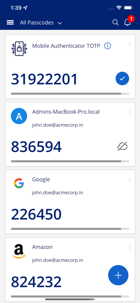 CyberArk Identity - CyberArk Identity mobile app displaying multiple time based one time passcodes for different accounts