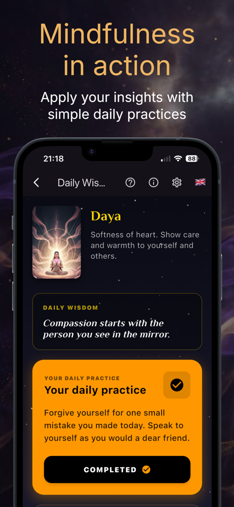 LeelaClue app interface showing a completed daily mindfulness practice card and a wisdom quote about compassion.