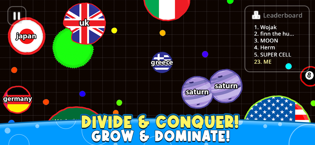 Agar.ioのゲームプレイ、国旗スキンと暗いグリッドアリーナの細胞、リーダーボードが表示されている