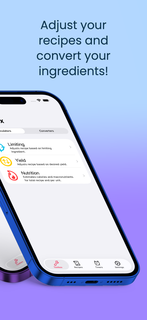 Bake-u-lator - Bake-u-latorアプリの画面。レシピ調整および変換ツールが表示されています。