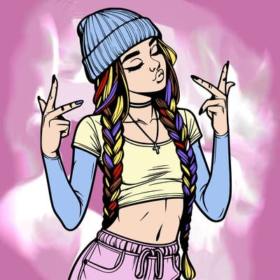 realistic teenage girl with braids and a beanie and crop top doing 🫶🏼