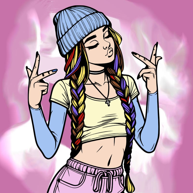 realistic teenage girl with braids and a beanie and crop top doing 🫶🏼